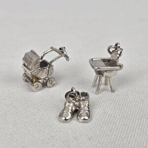 Vintage Sterling Silver Baby Carriage Stroller Shoes Bracelet Charms Set Of 3